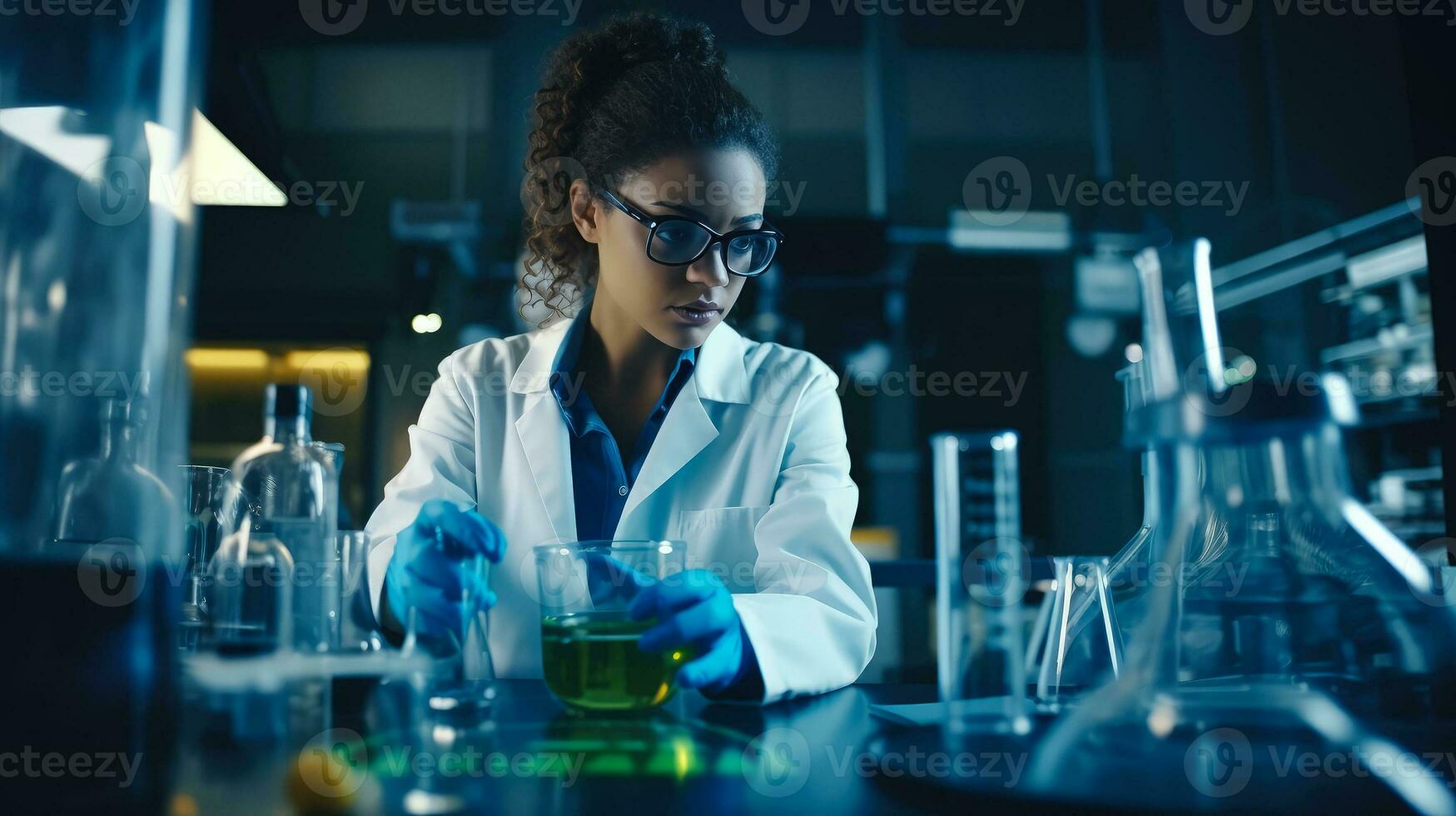svart kvinna forskare, nedsänkt i henne laboratorium, utför allra senaste forskning på en ny virus, användningar Avancerad vetenskaplig instrument och teknologi till göra upptäckt av en ny vaccin foto