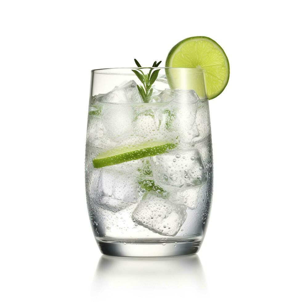 gin tonic glas av vatten med is isolerat på vit bakgrund. ai genererad foto