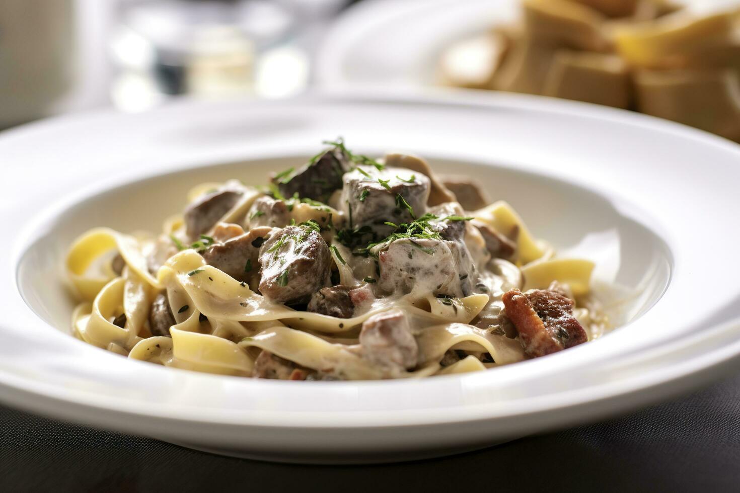 tagliatelle med korv och porcini, pasta med korv och sommar cep svamp. generativ ai foto