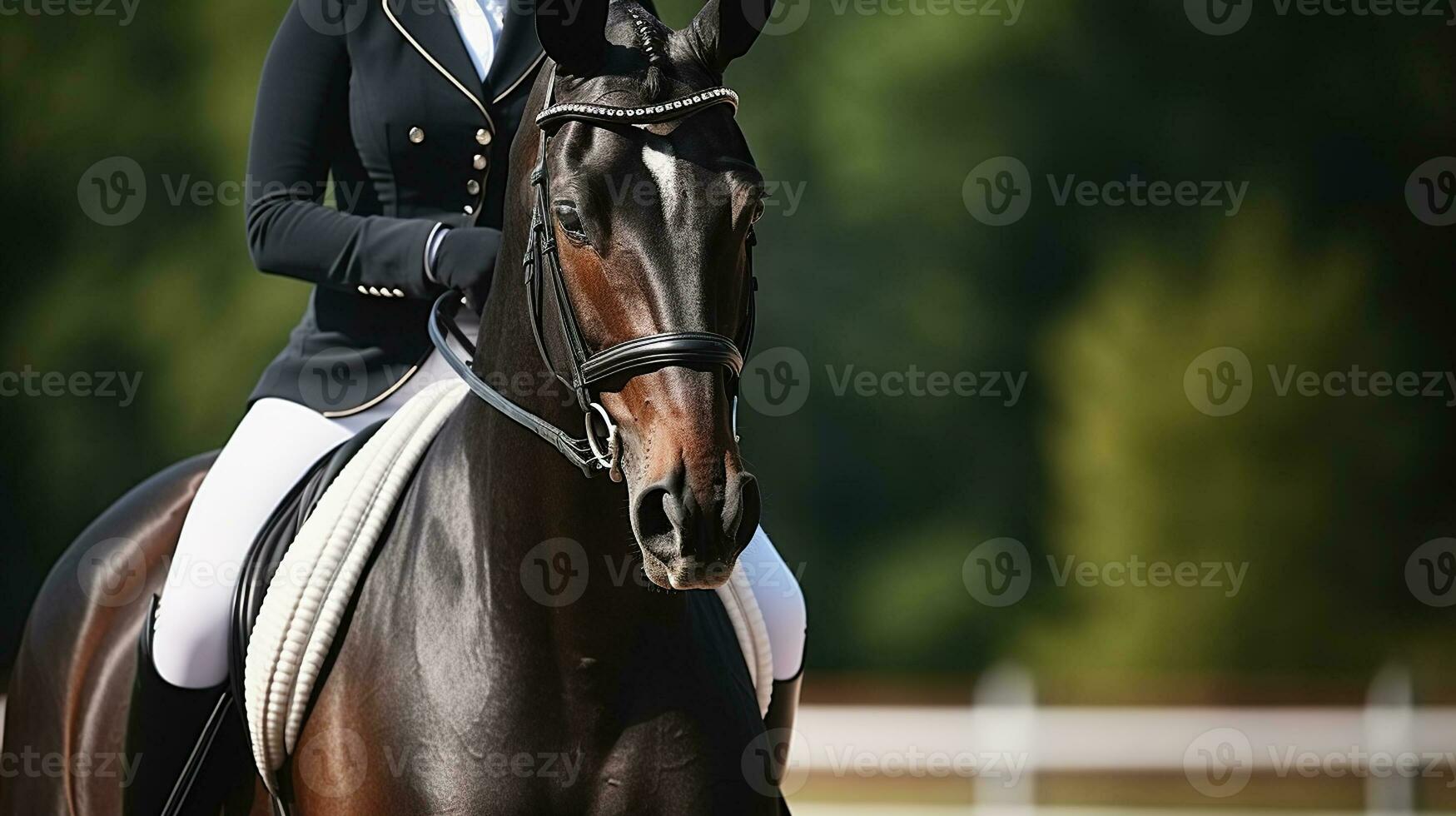 graciös blick. frontal porträtt av dressyr pommes frites och ryttare foto