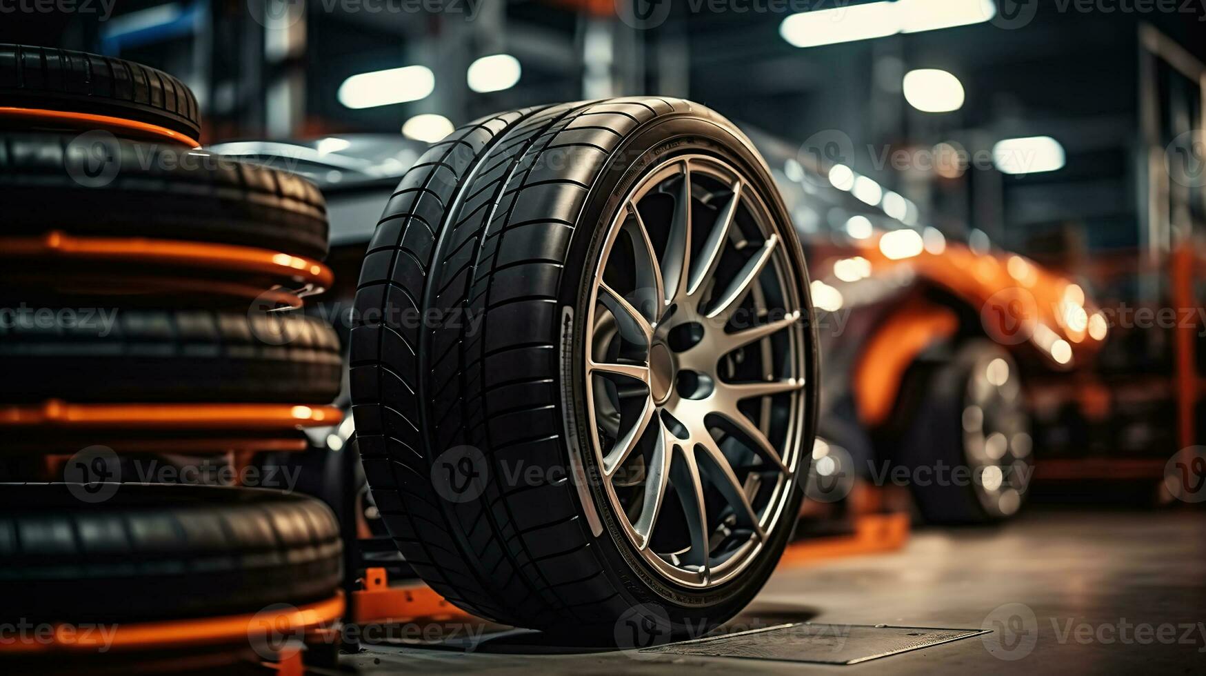 ny däck och hjul på de garage bakgrund. generativ ai foto