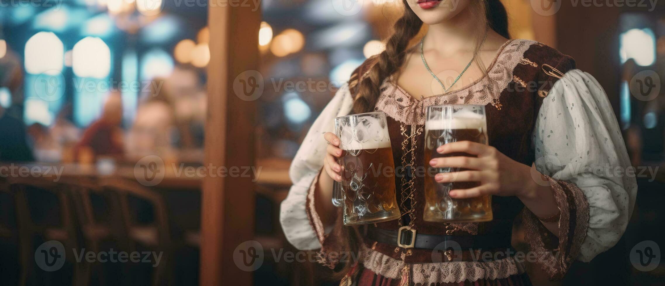 en kvinna i bavarian klänning med en öl mugg. generativ ai foto