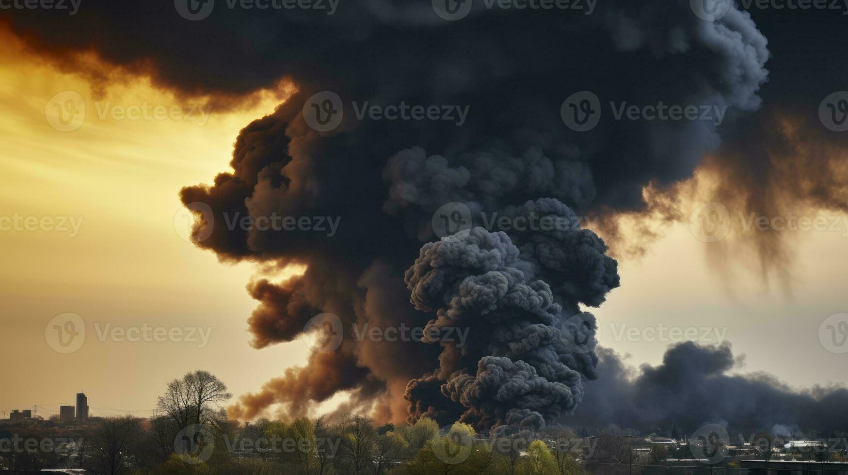 krigets olycksbådande skugga - tjock svart rök omslag de himmel. generativ ai foto