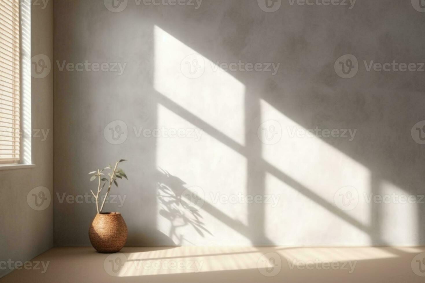 minimalistisk interiör design med skuggor och solljus. sammansättning av vas i rum. generativ ai foto