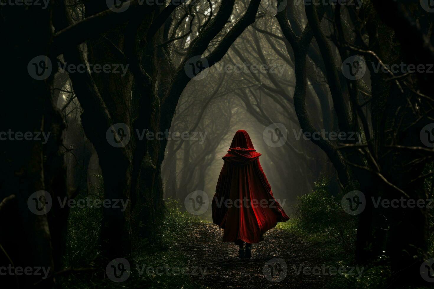 en kvinna i en röd dölja gående genom en mörk skog. generativ ai foto