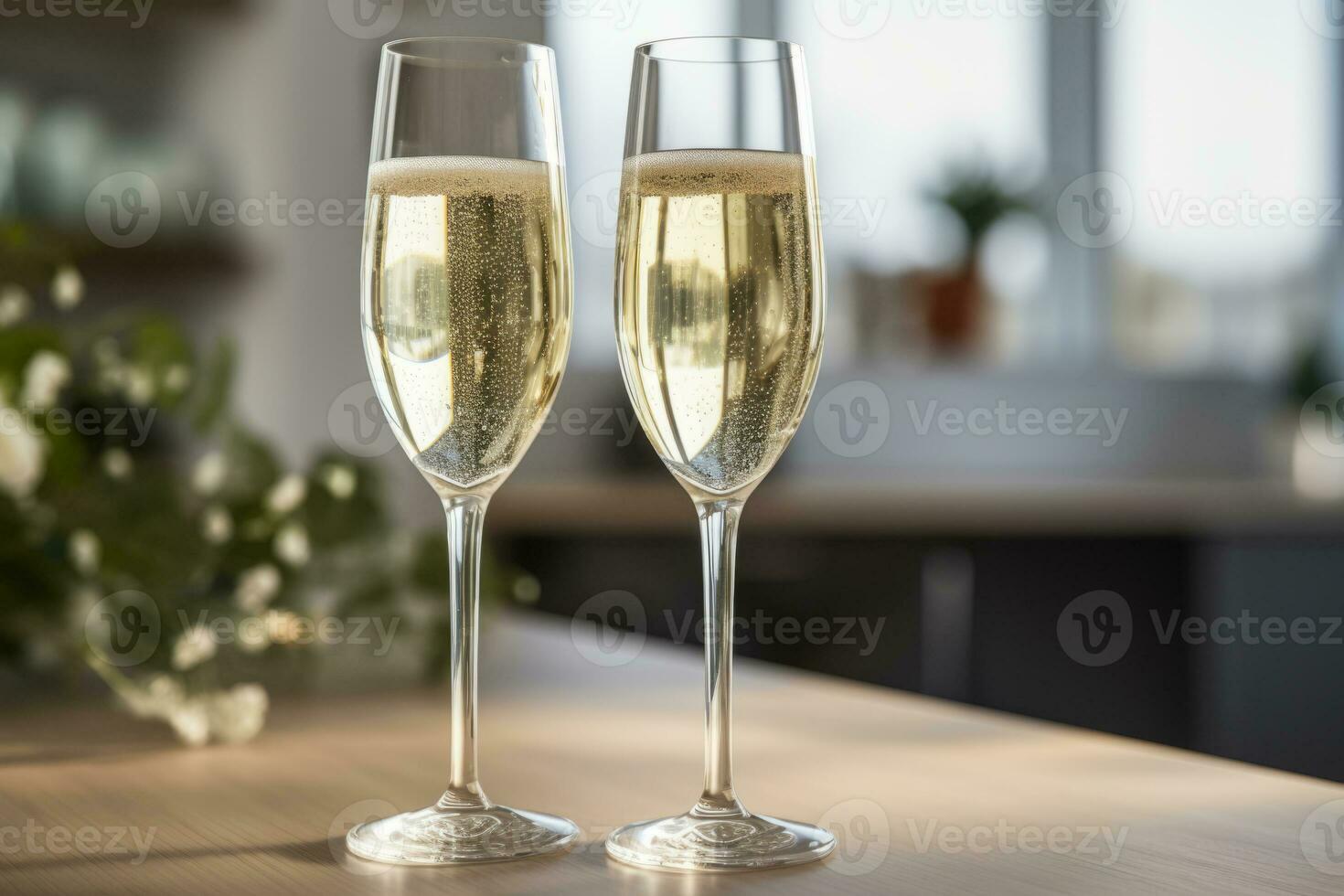 två champagne glasögon på ljus bakgrund. generativ ai foto