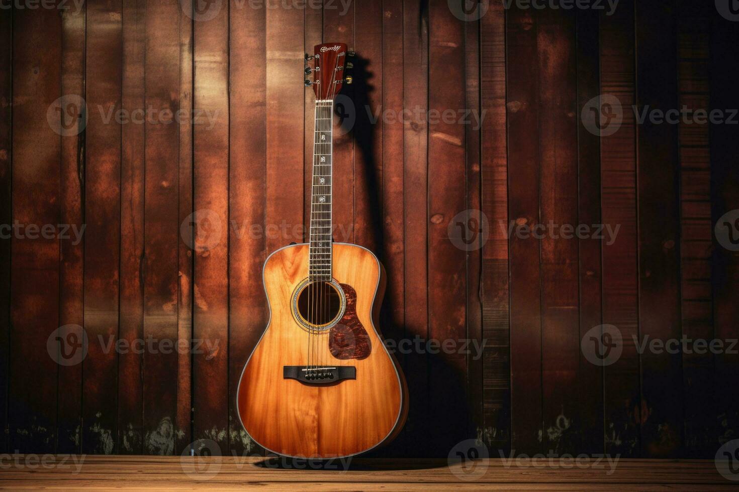 akustisk gitarr på gammal trä- bakgrund. generativ ai foto