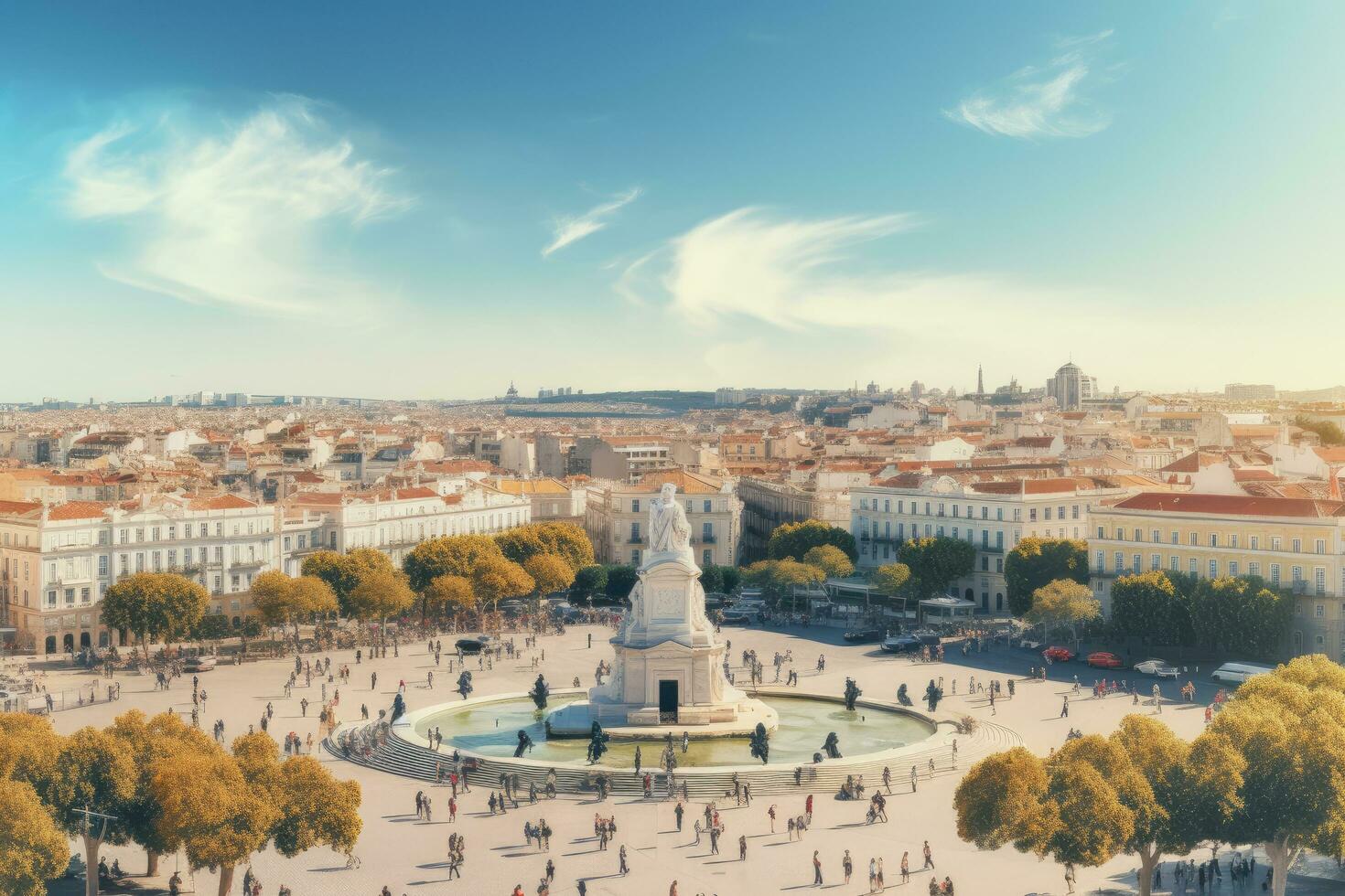 Lissabon, portugal. panorama- se av de piazza della republik och de pantheon, lissabon antenn horisont panorama europeisk stad se på märken pombal fyrkant monument, ai genererad foto