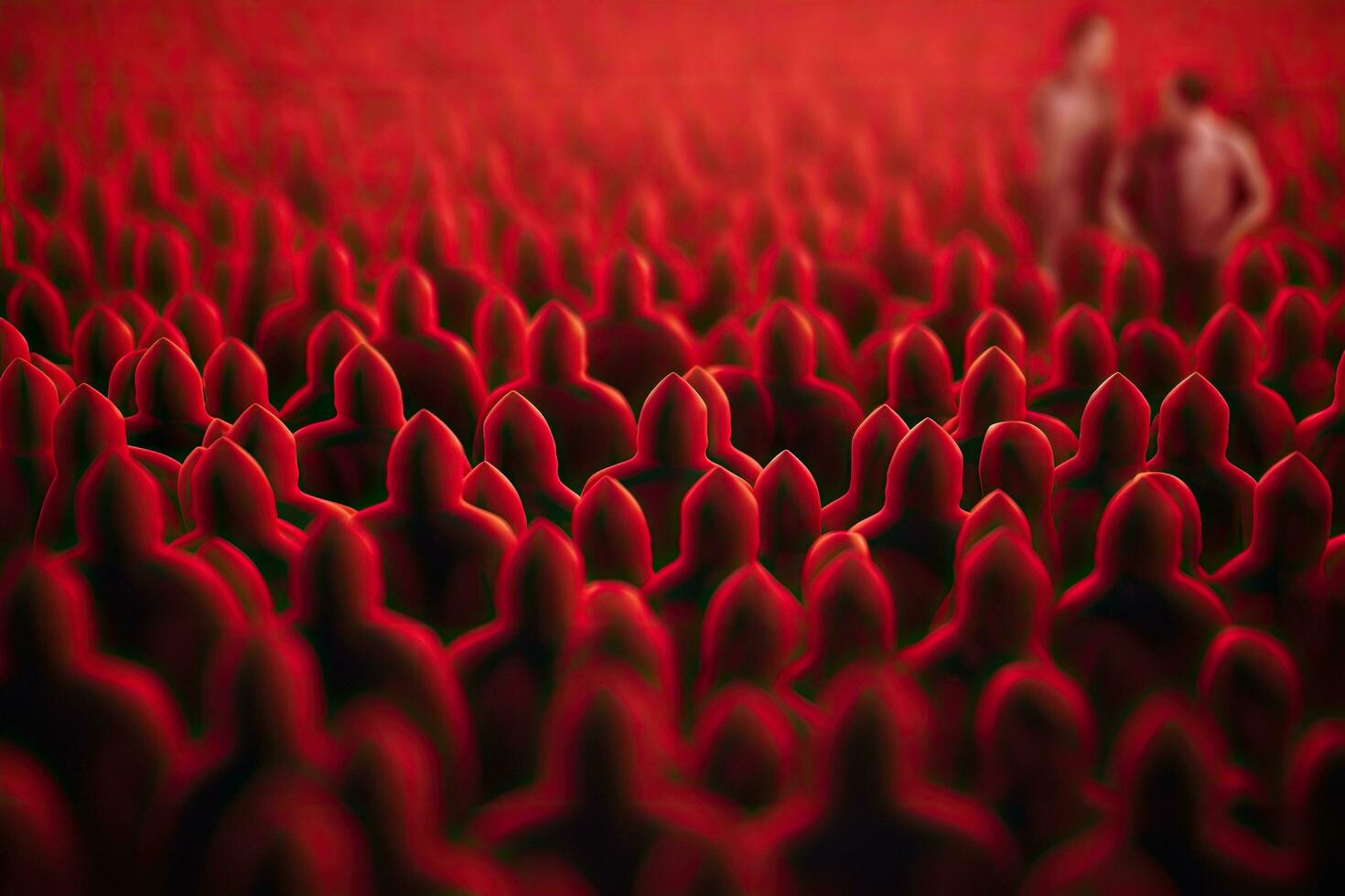 abstrakt 3d tolkning av folkmassan av människor. lagarbete begrepp, ledarskap och lagarbete begrepp med 3d illustration av en man i främre av en folkmassan av röd människor, ai genererad foto