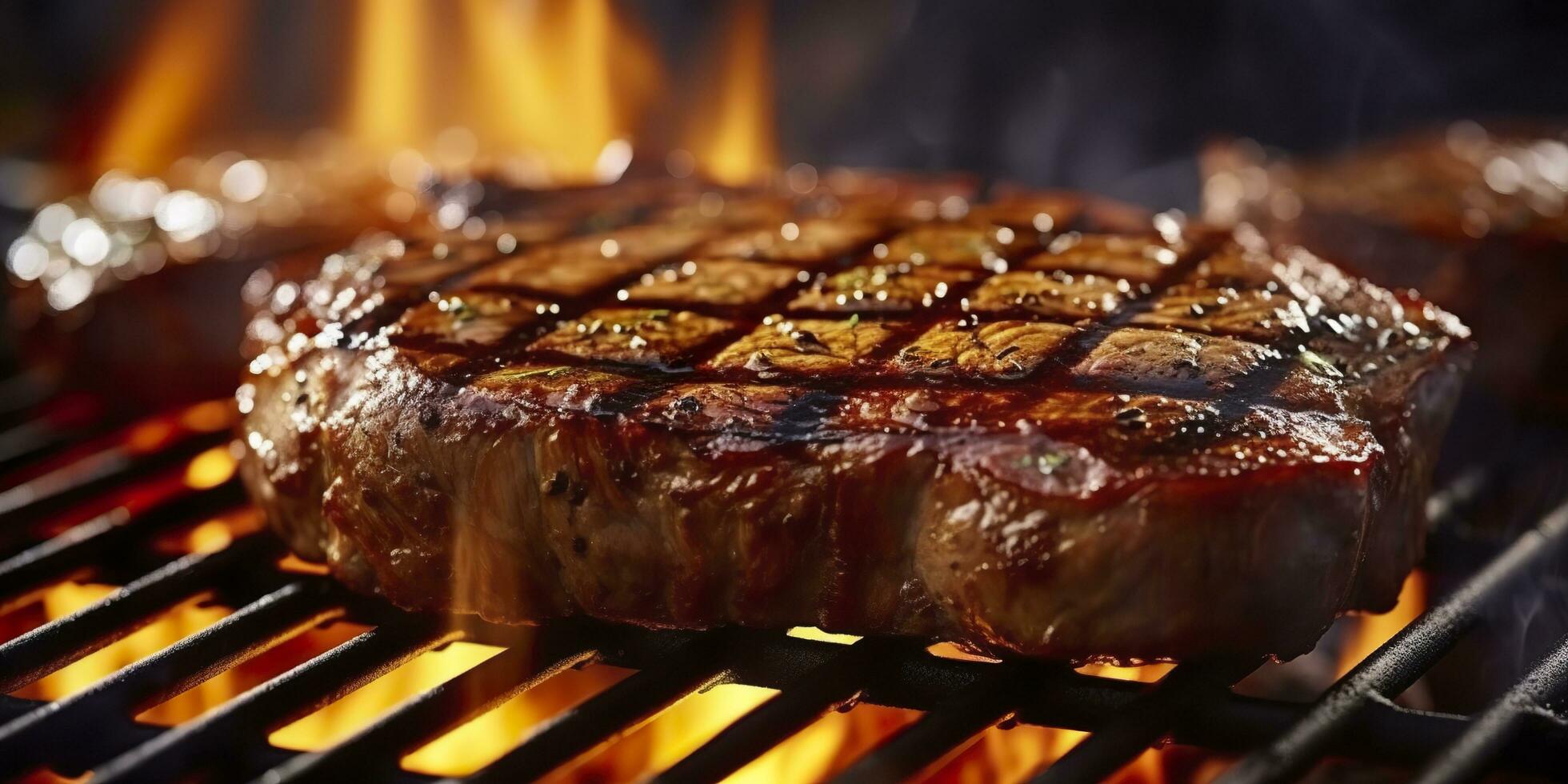 nötkött ribeye biff grillning på en flammande grill. generativ ai foto