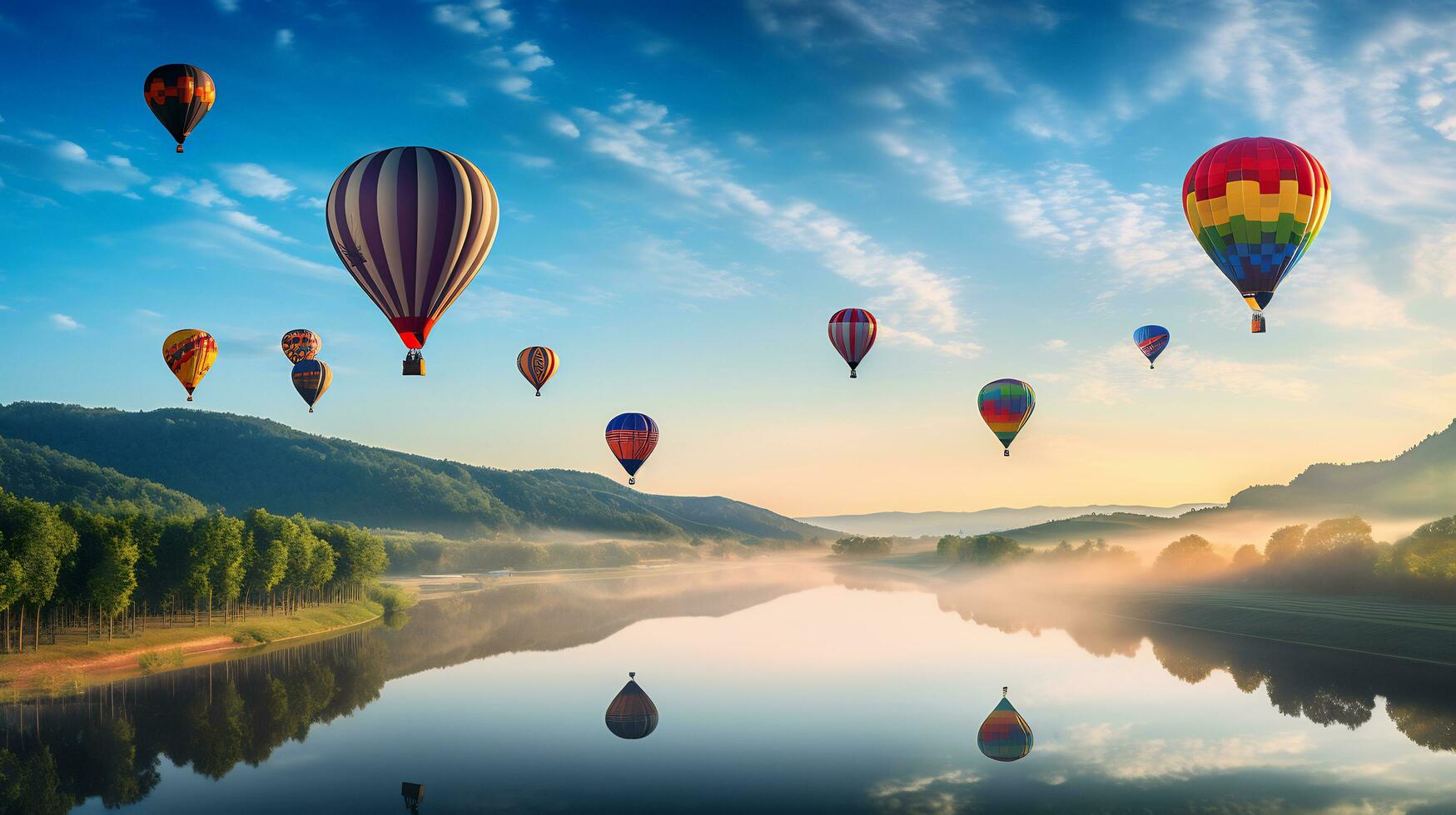 varm luft ballong över en landskap av floder och bergen generativ ai foto