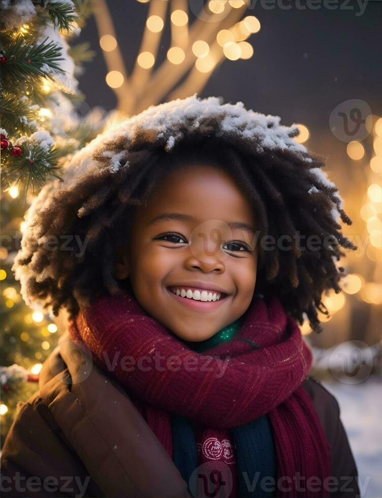 ai generativ, söt unge i santa claus kostym på suddig snöig jul eve bakgrund foto
