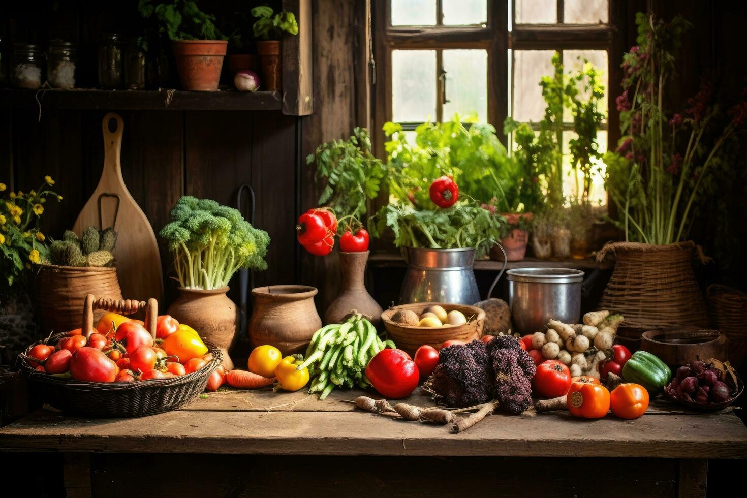fortfarande liv av färsk grönsaker i de rustik kök, selektiv fokus, frukt och grönsaker på en trä- tabell i en rustik kök, ai genererad foto