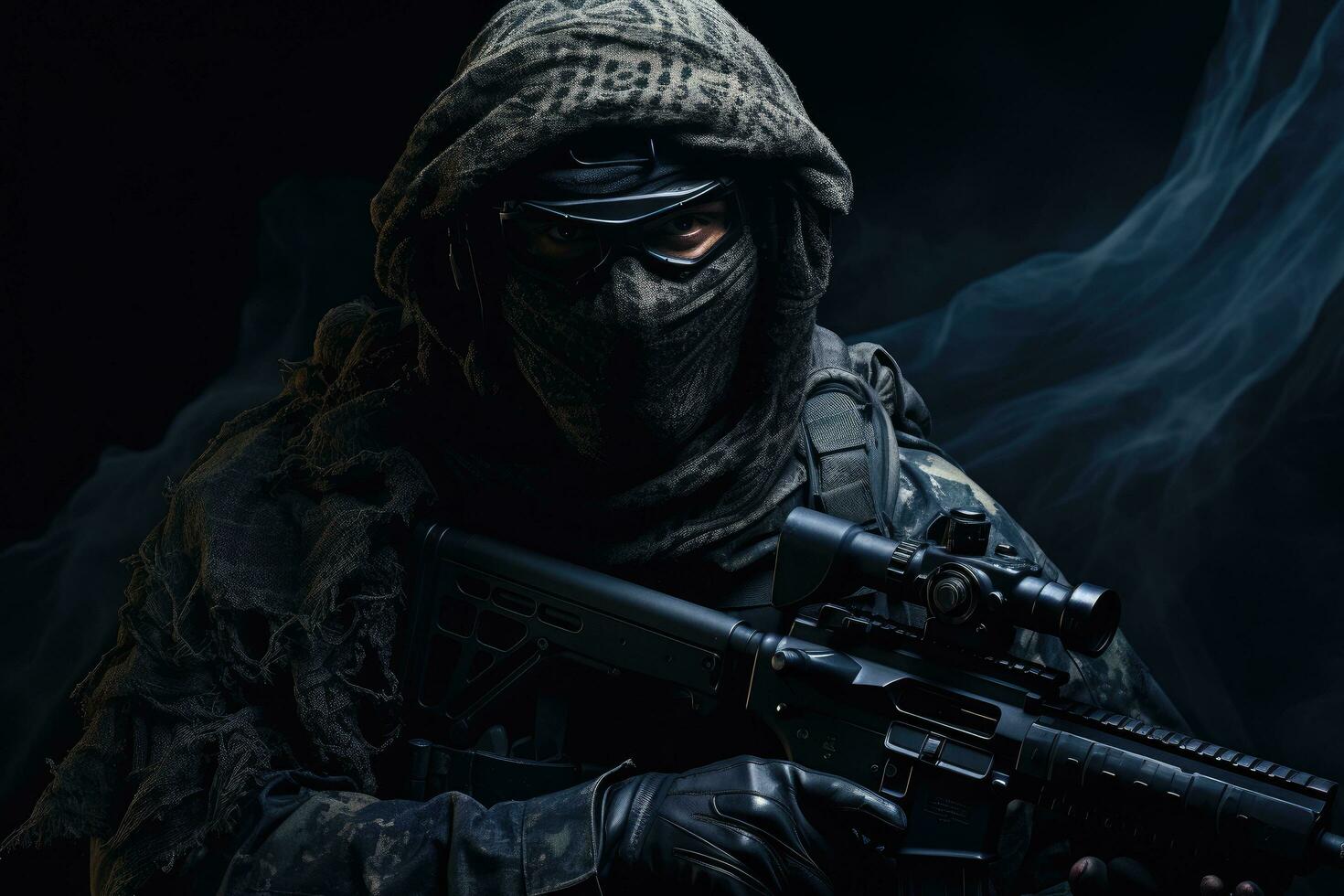 särskild krafter soldat med överfall gevär och huva på svart bakgrund med rök, fullt utrustad soldat i en taktisk netto scarf och med en prickskytt gevär, svart bakgrund, anonym, ai genererad foto