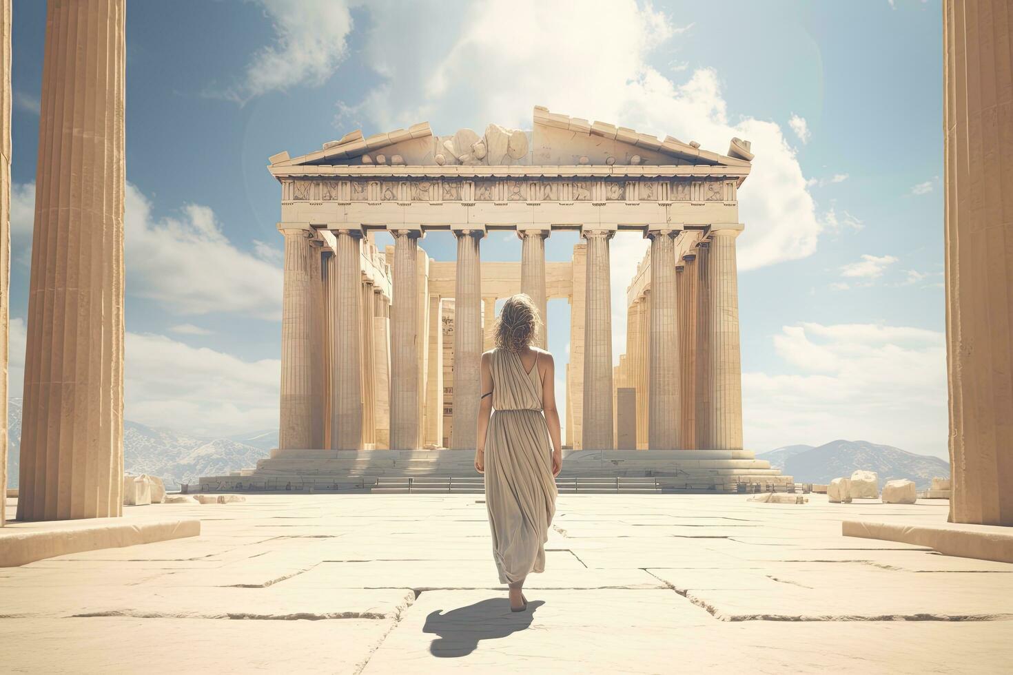 kvinna gående i främre av parthenon på akropol i aten, Grekland, kvinna turist stående i främre av de parthenon, bak- se, full kropp, ai genererad foto