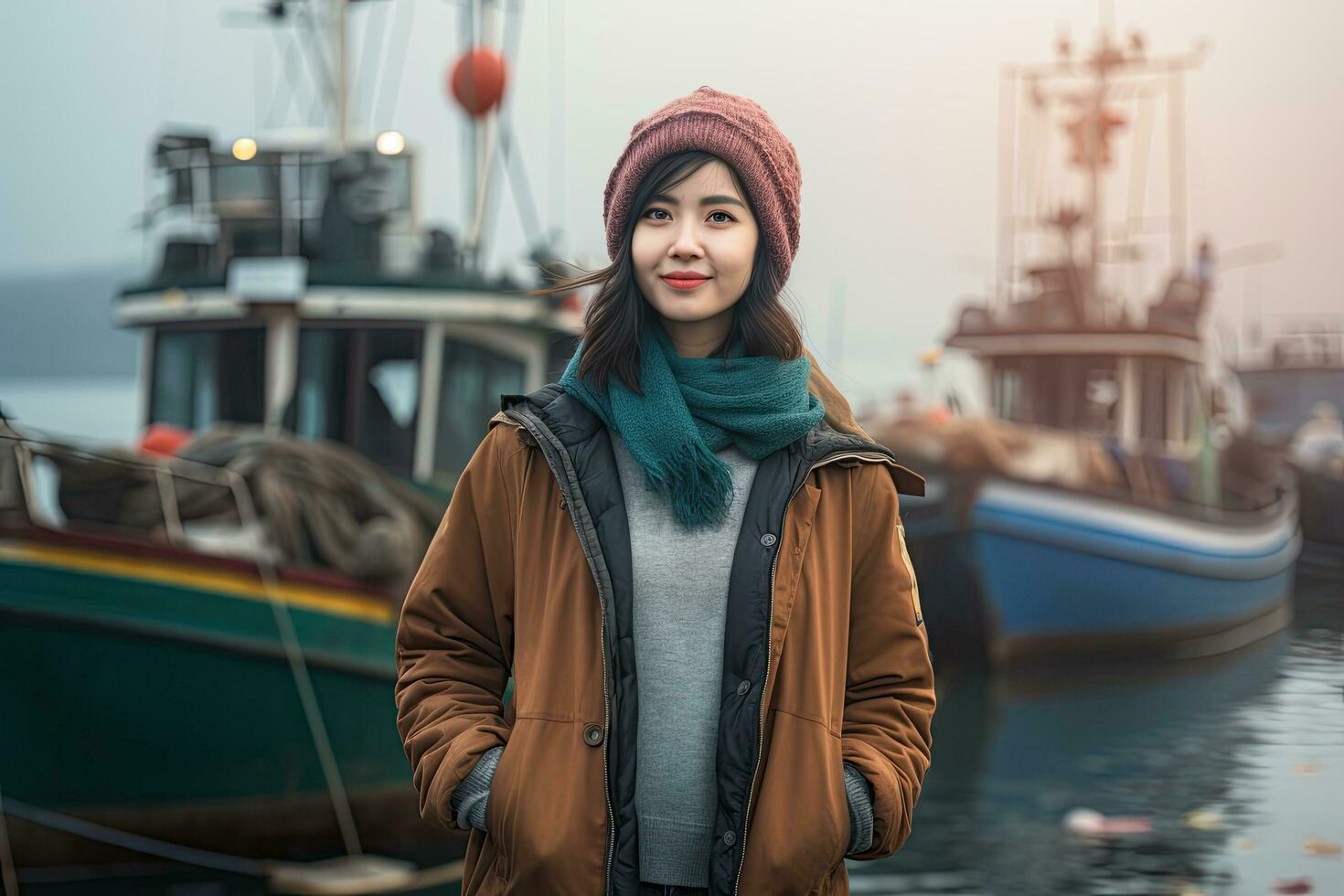 porträtt av en ung asiatisk kvinna stående i främre av de fiske båtar, kvinna turist stående i främre av de zhengbin fiske hamn och njuter de se, bak- se, full kropp, ai genererad foto