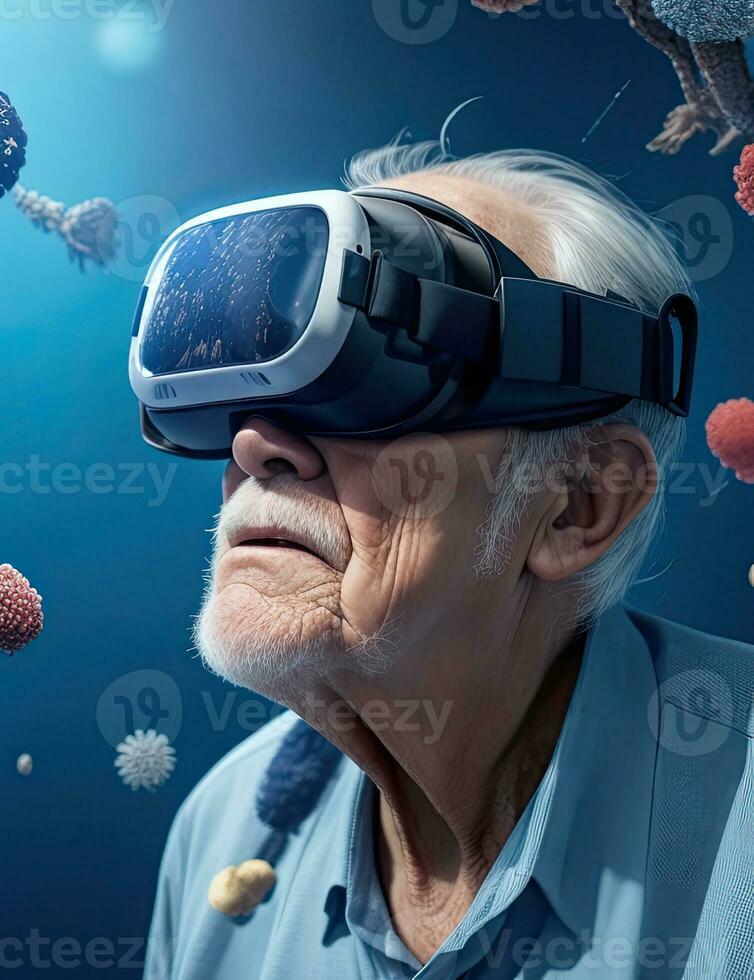 porträtt av ett äldre man i virtuell verklighet glasögon, fantastisk landskap runt om. aktiva åldrande. ai generativ. foto