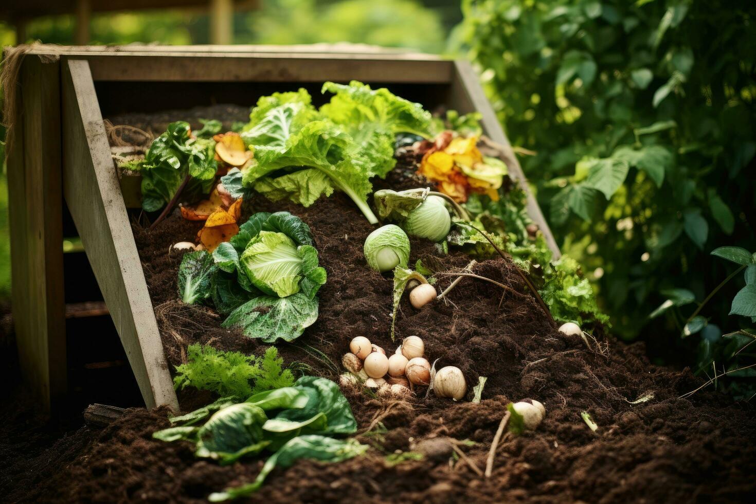 organisk grönsaker växande i de trädgård. vegetarian mat begrepp, grön Hem kompostering, berikande jord med organisk avfall i trädgård komposter, ai genererad foto
