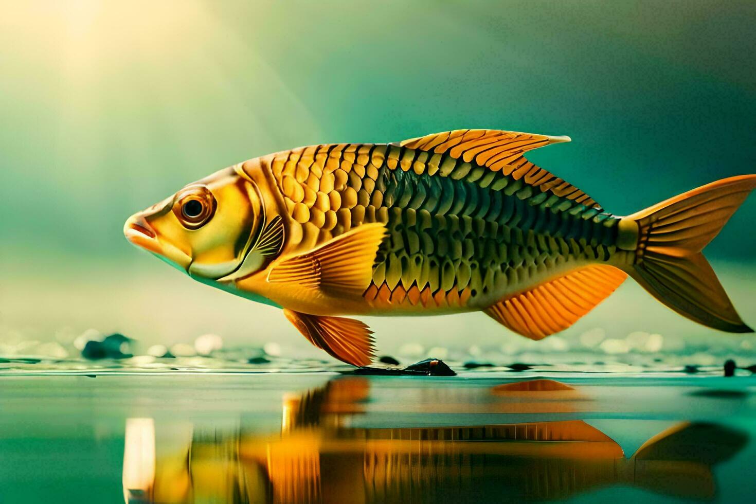 en fisk är stående på de vatten med de Sol lysande. ai-genererad foto
