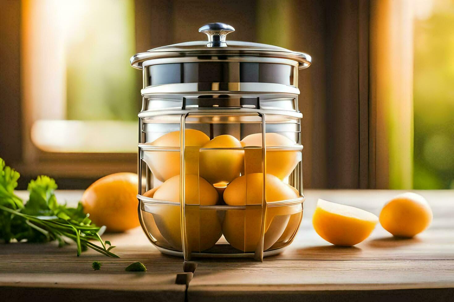 en glas burk fylld med citroner och persilja. ai-genererad foto