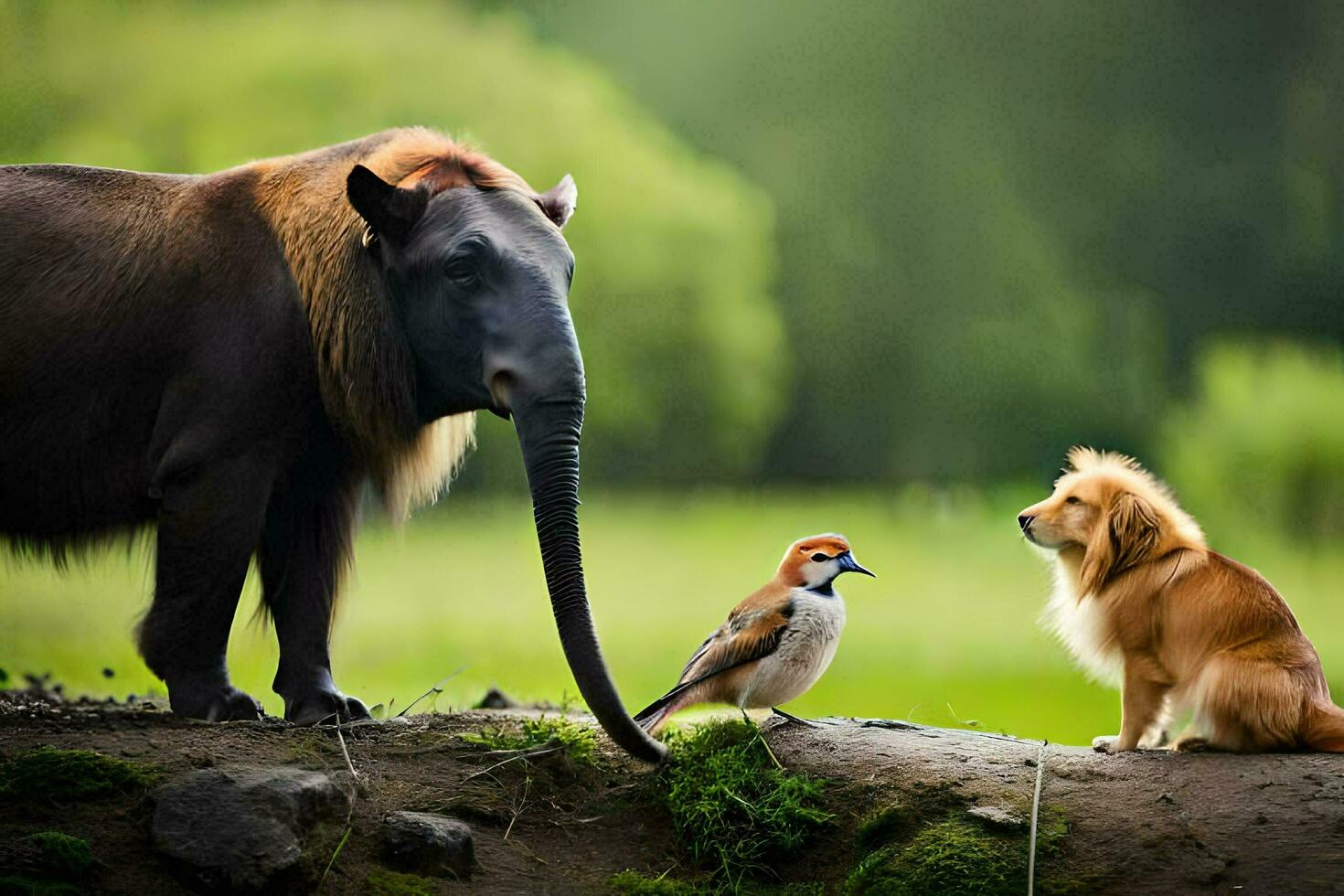 en hund och en fågel stående Nästa till ett elefant. ai-genererad foto