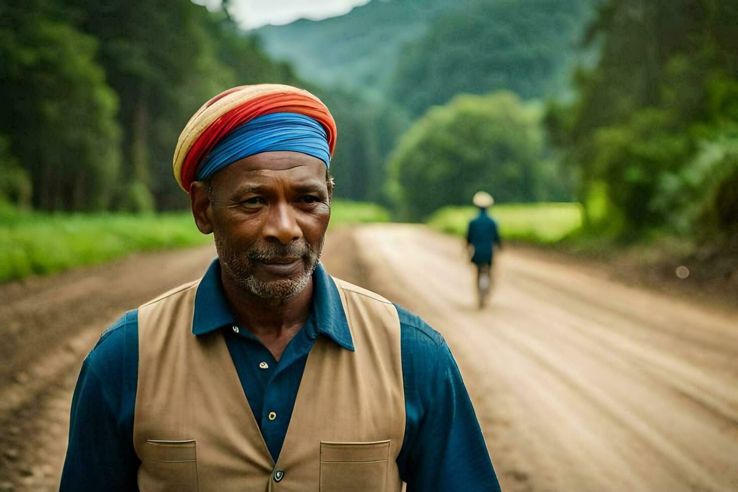 en man i en turban promenader ner en smuts väg. ai-genererad foto