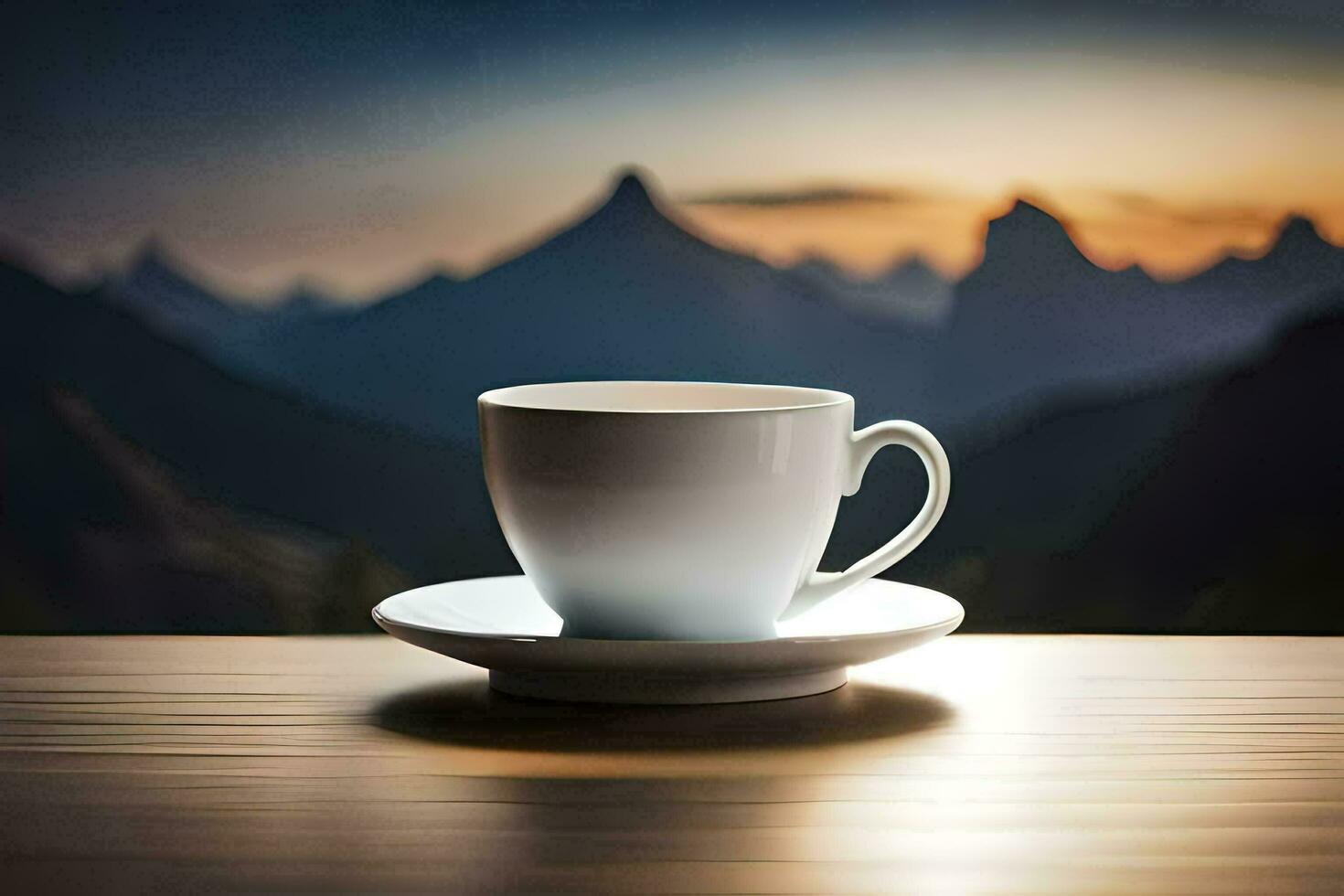 kaffe kopp på en tabell med bergen i de bakgrund. ai-genererad foto