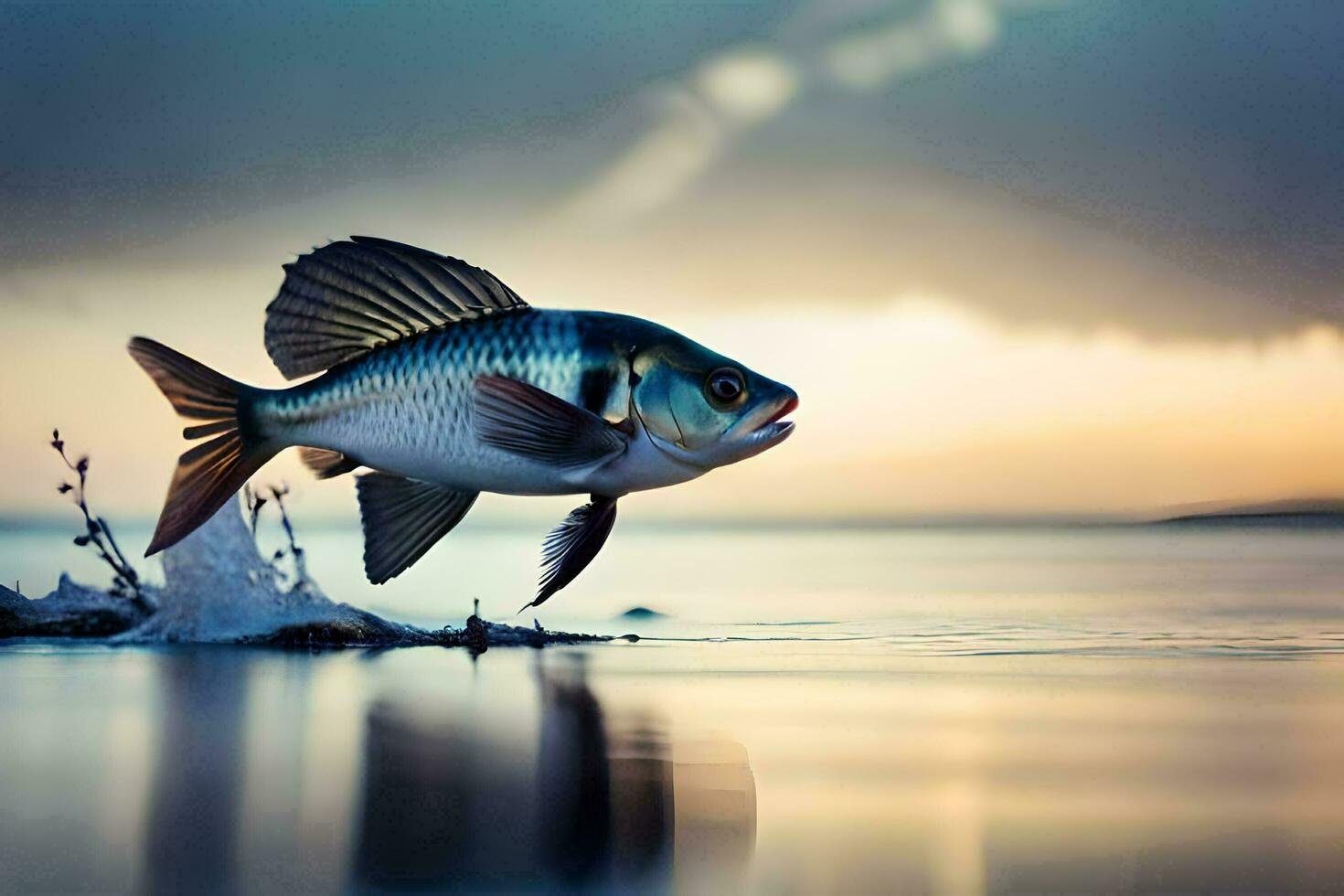 en fisk är Hoppar ut av de vatten. ai-genererad foto