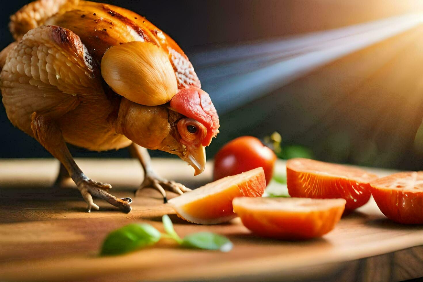 en kyckling är stående på en trä- skärande styrelse med tomater. ai-genererad foto
