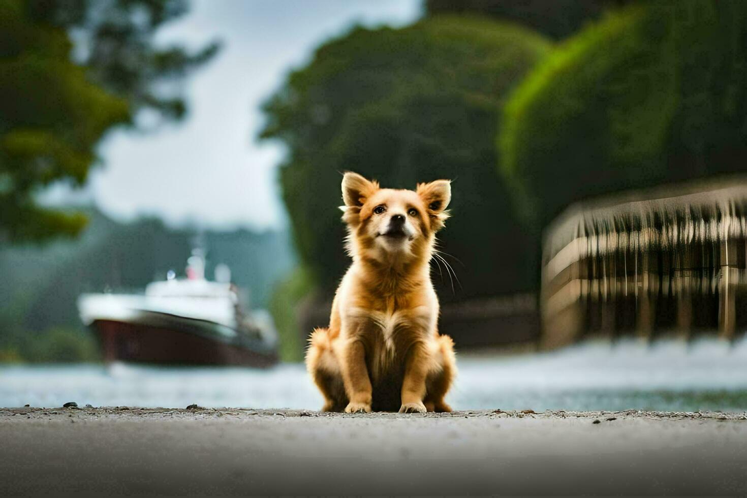 en hund Sammanträde på de jord nära en flod. ai-genererad foto