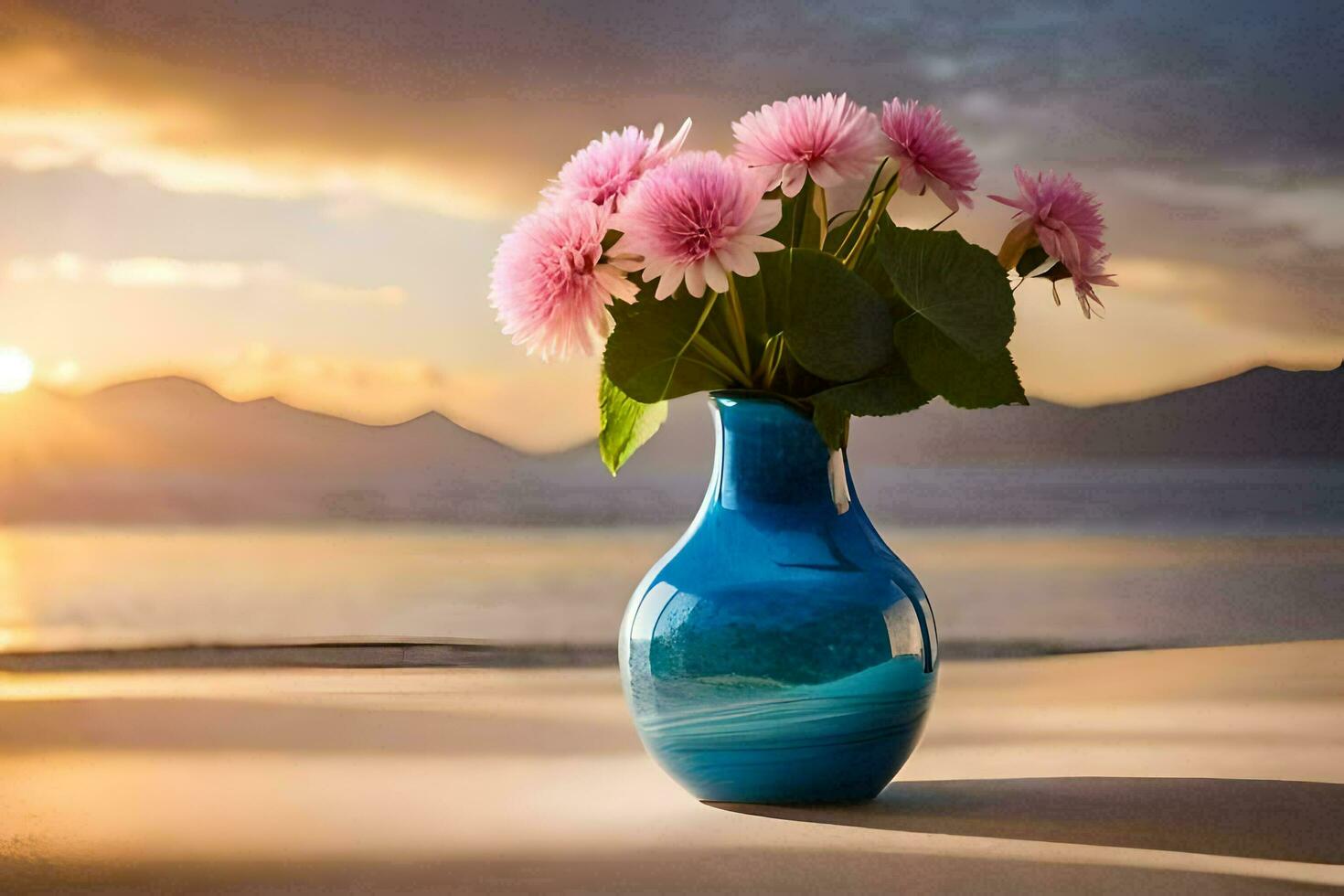 en blå vas med rosa blommor på de strand på solnedgång. ai-genererad foto