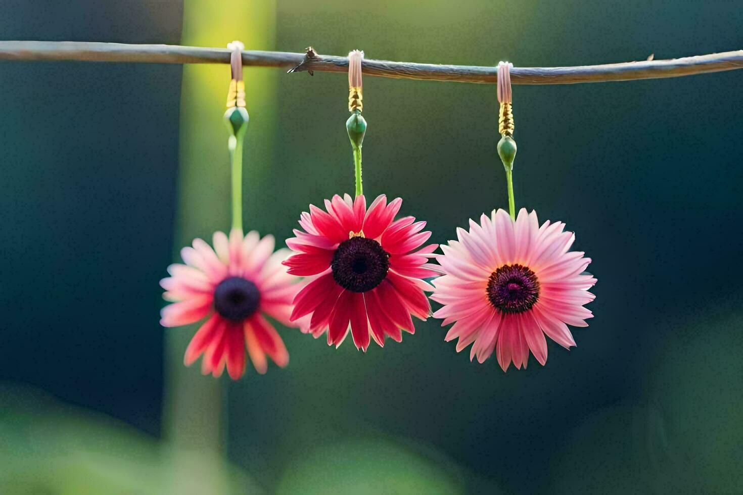 tre rosa blommor hänga från en gren. ai-genererad foto