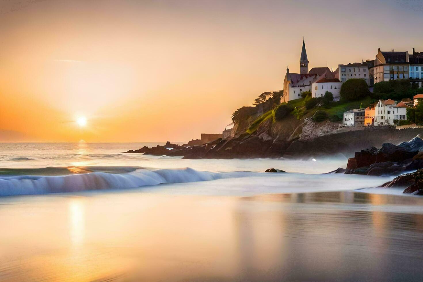 de Sol uppsättningar över en stad på de kust. ai-genererad foto