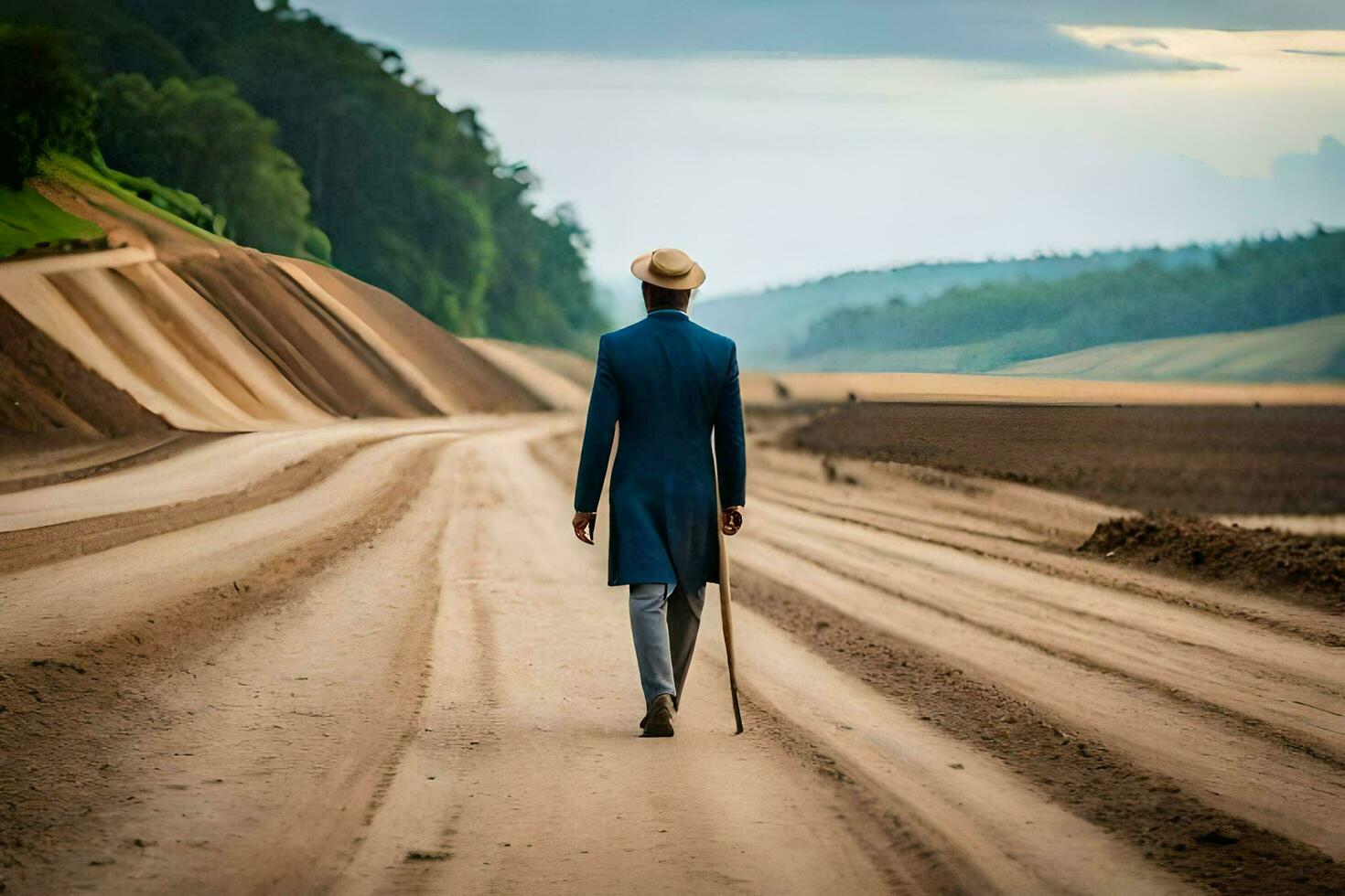 en man i en blå kostym promenader ner en smuts väg. ai-genererad foto