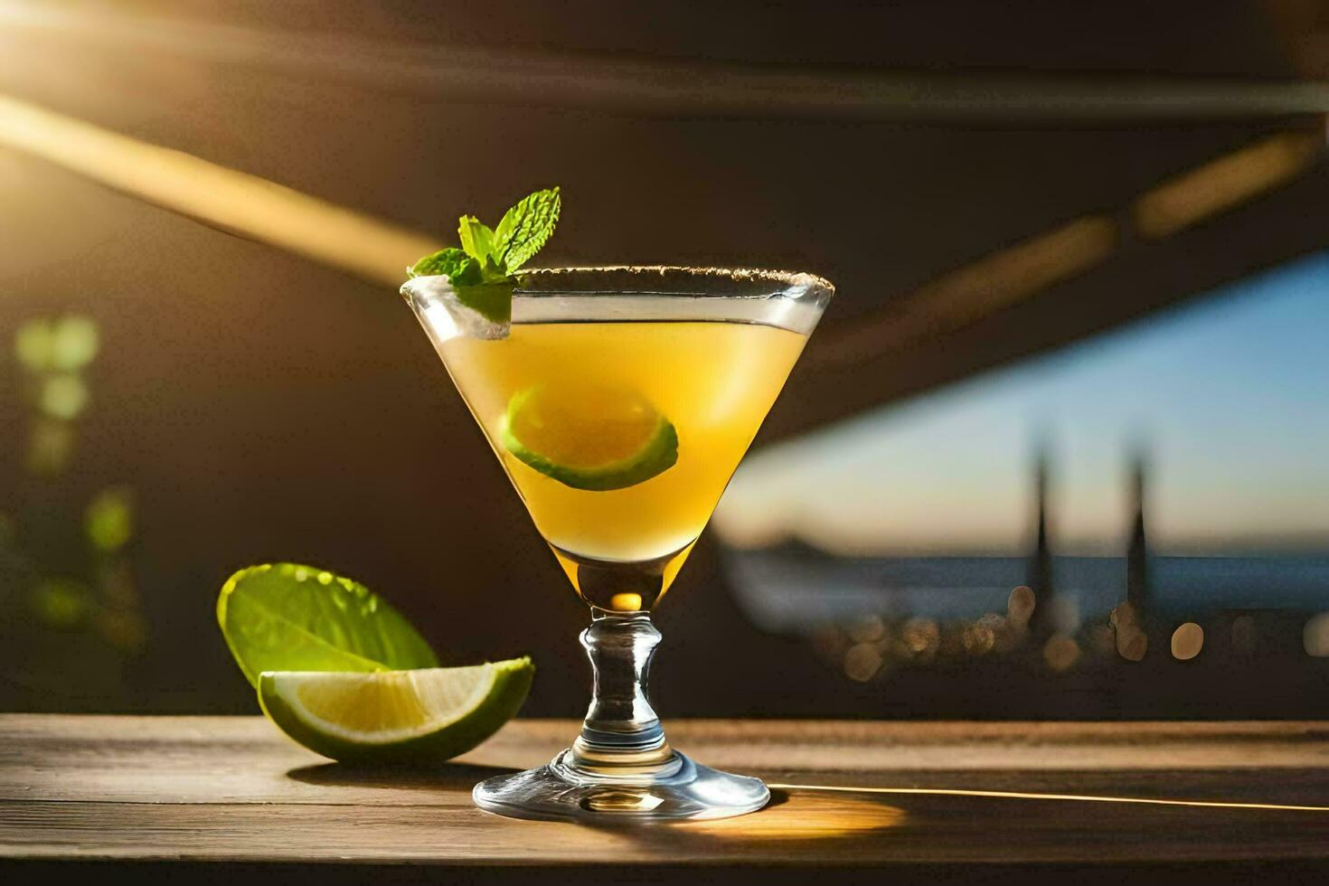 cocktail på de tabell med en solnedgång se. ai-genererad foto
