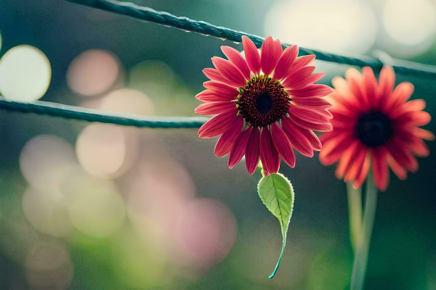 två röd blommor är hängande på en tråd. ai-genererad foto