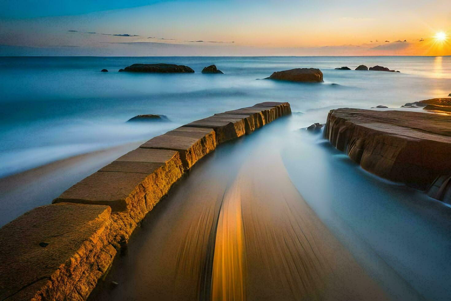 en lång exponering fotografera av vågor kraschar in i stenar på de strand. ai-genererad foto