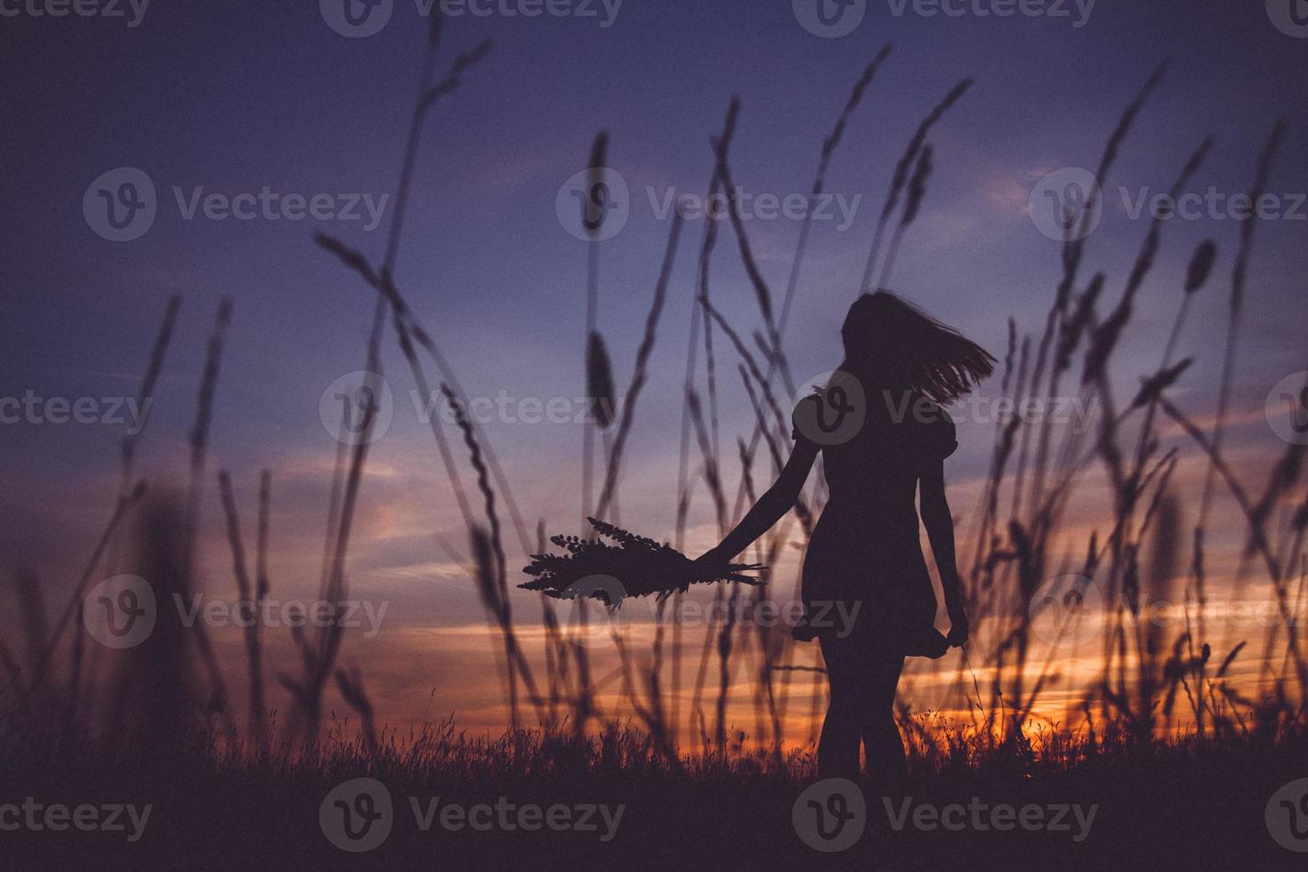 silhuett av en flicka på en äng på bakgrunden av solnedgången foto