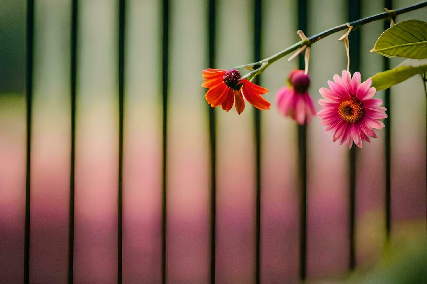 två rosa blommor är på en staket. ai-genererad foto