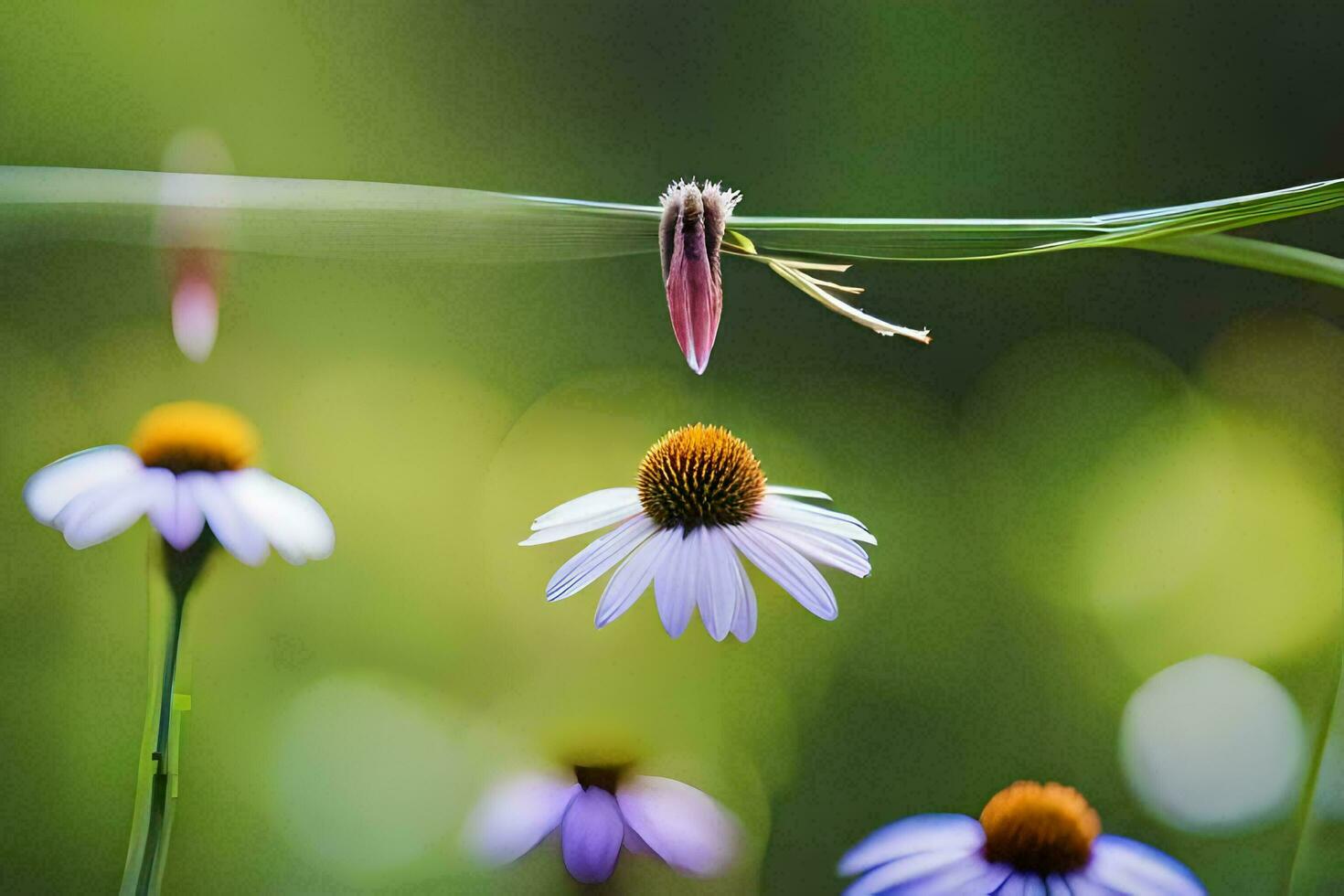 en fjäril är hängande från en blomma stam. ai-genererad foto