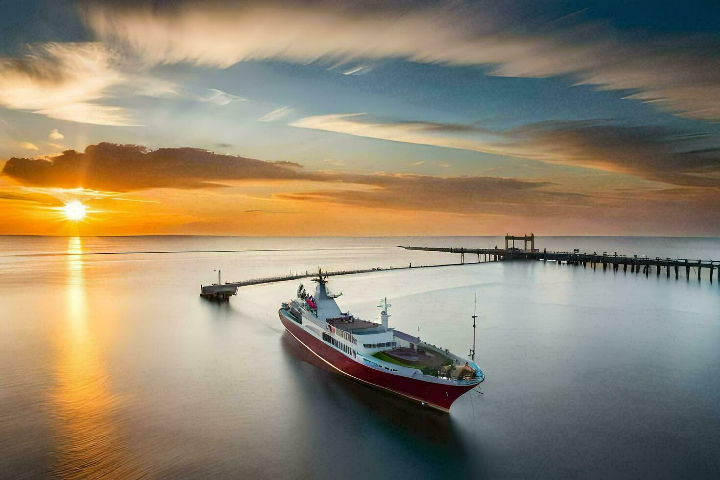 en båt i de vatten på solnedgång. ai-genererad foto