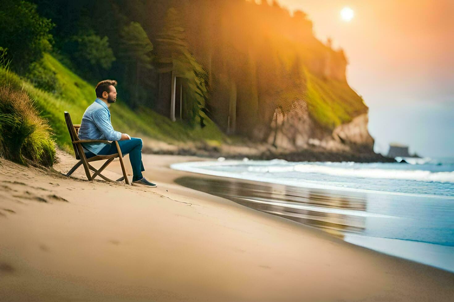 en man sitter i en stol på de strand på solnedgång. ai-genererad foto