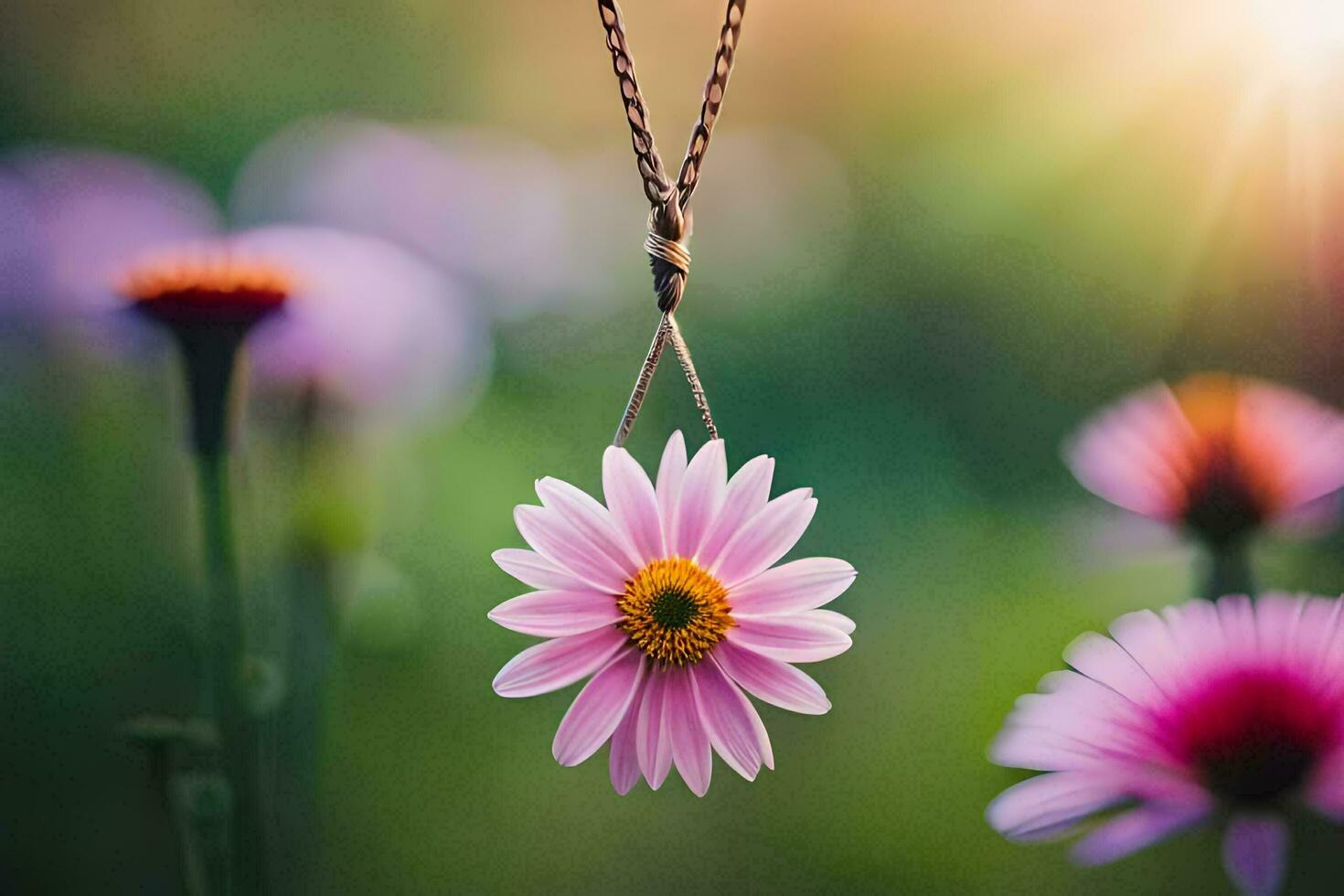 rosa daisy blomma hängande från en halsband i de Sol. ai-genererad foto