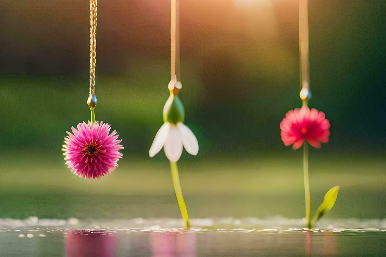 tre blommor hängande från en sträng i vatten. ai-genererad foto