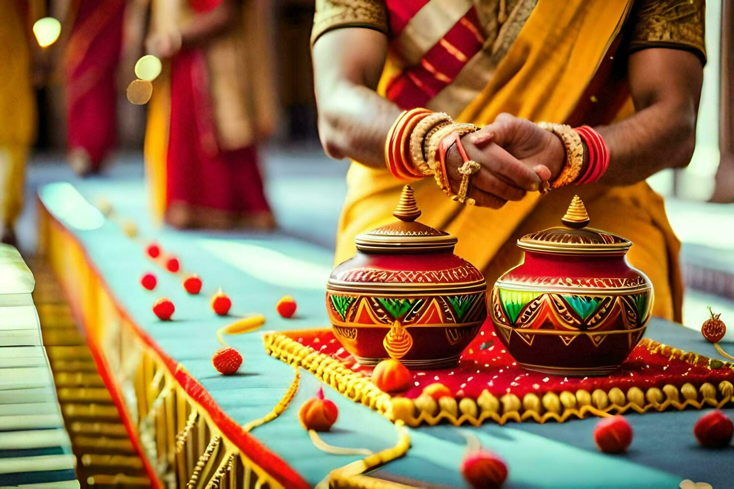 en man i traditionell indisk klädsel är placering en pott på en tabell. ai-genererad foto