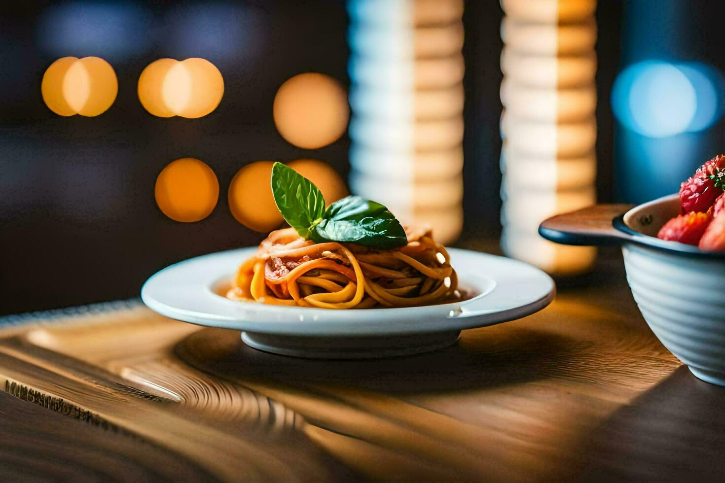 en tallrik av spaghetti och jordgubbar på en tabell. ai-genererad foto