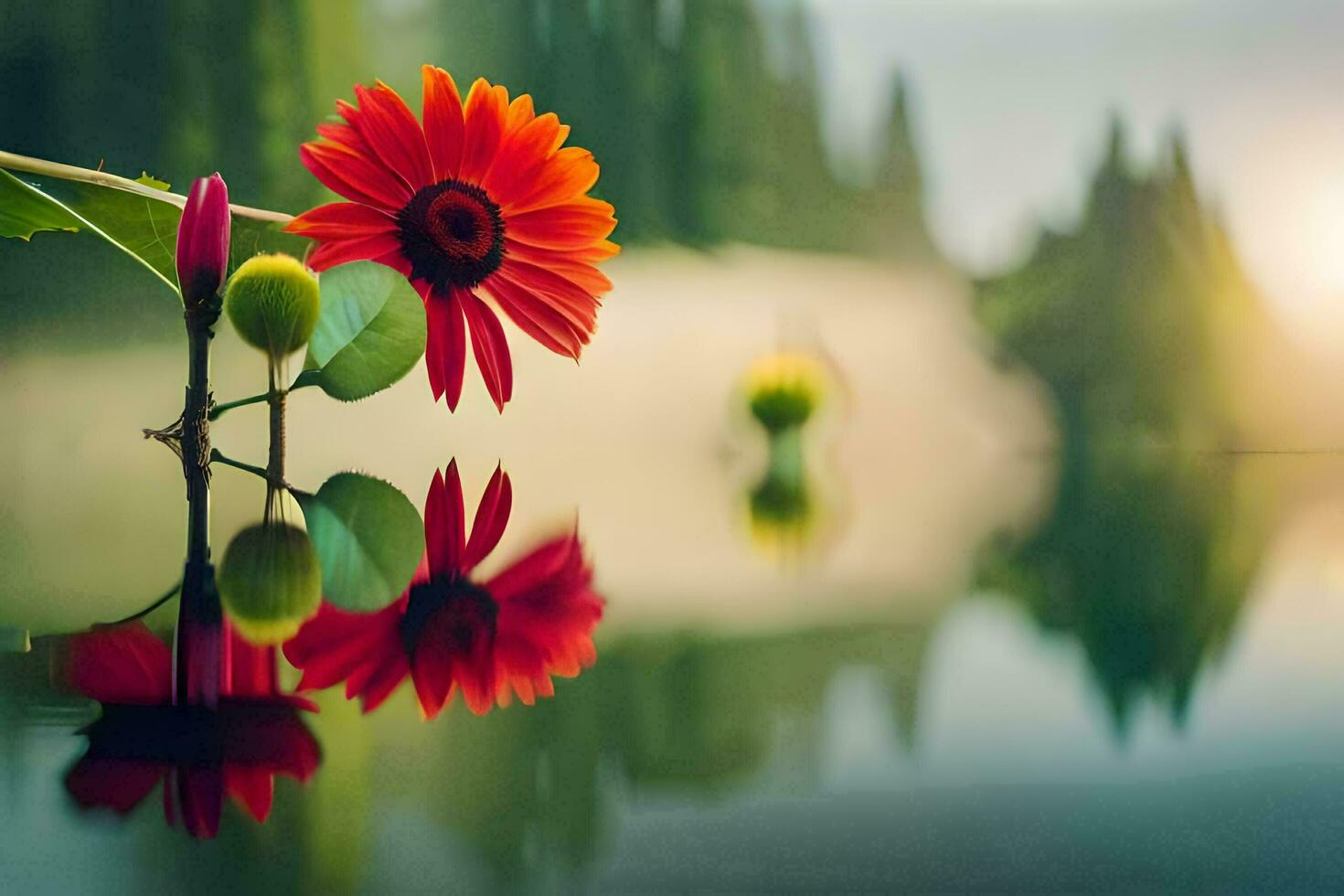 Foto tapet, de Sol, de blommor, de skog, de reflexion, de reflexion, de. ai-genererad