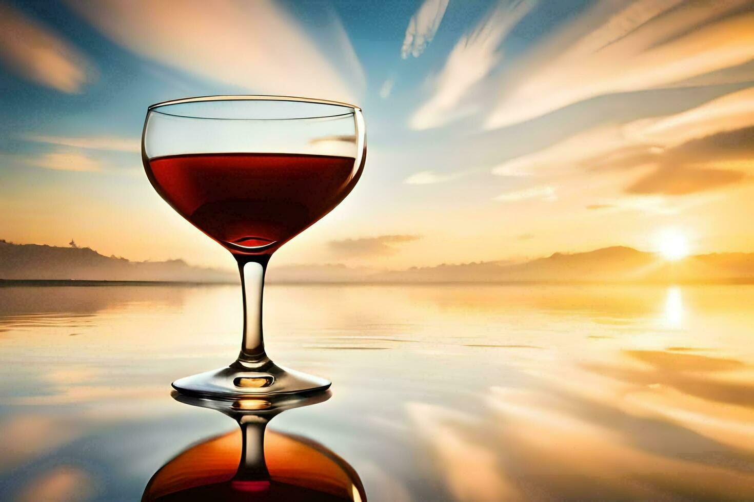 en glas av röd vin på de strand på solnedgång. ai-genererad foto