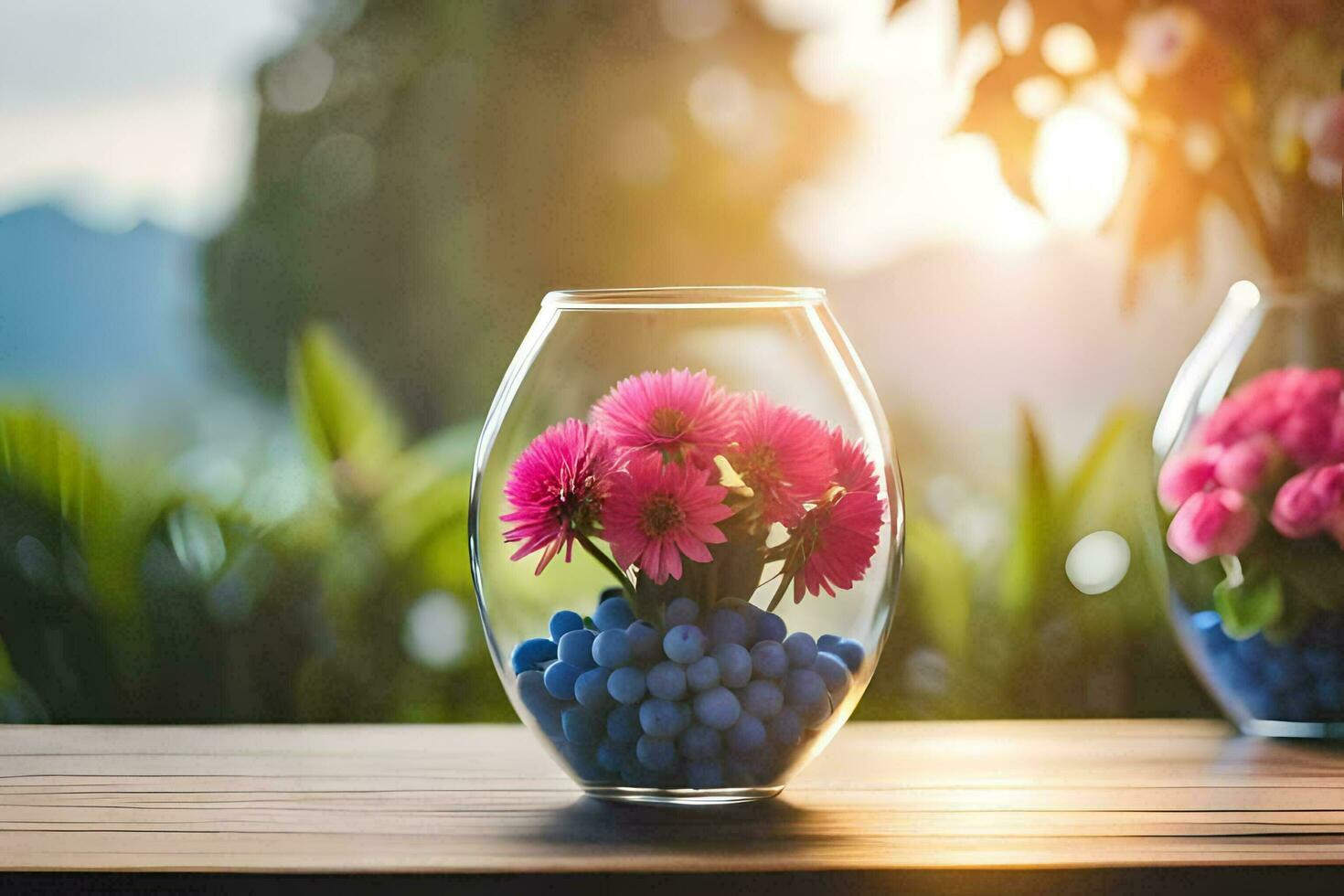 två vaser med rosa blommor i dem på en tabell. ai-genererad foto