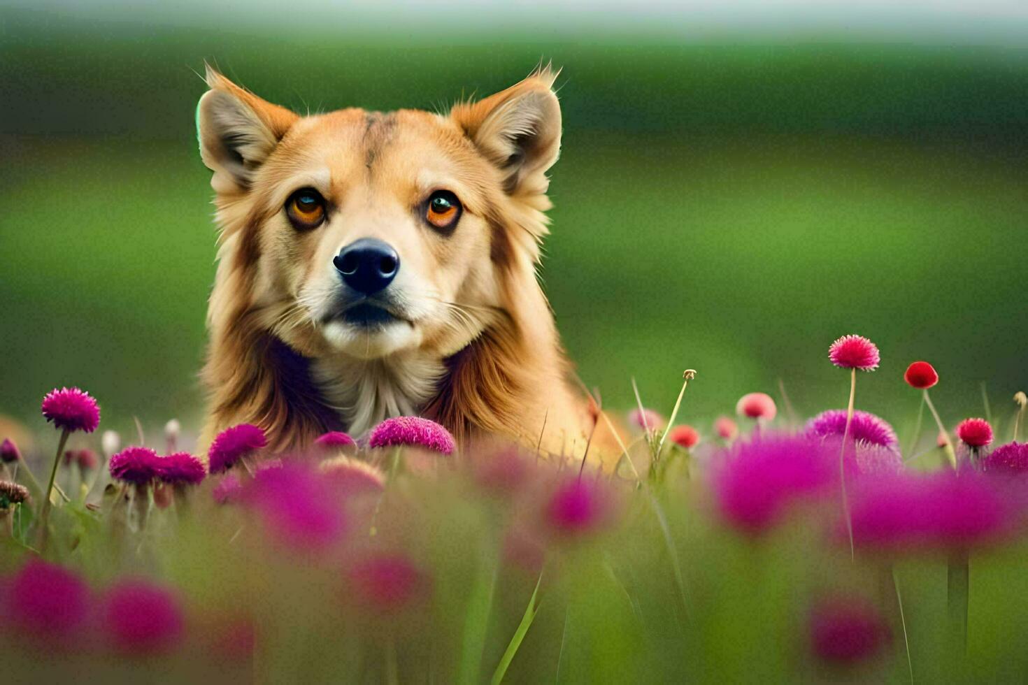 en hund är Sammanträde i en fält av rosa blommor. ai-genererad foto